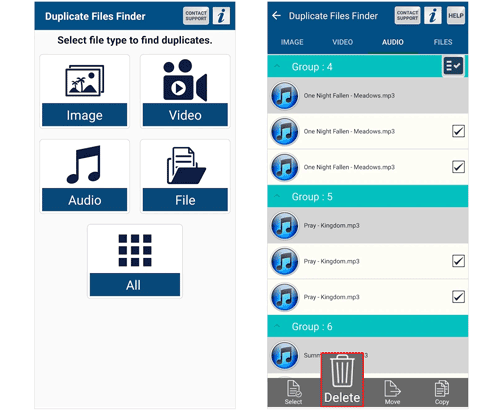 use the finder app to remove duplicate audio files on android