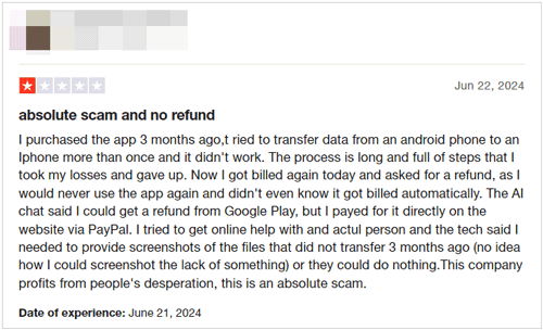 one star review of wondershare mobiletrans on trustpilot