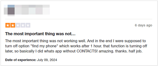 two star review of mobiletrans on trustpilot